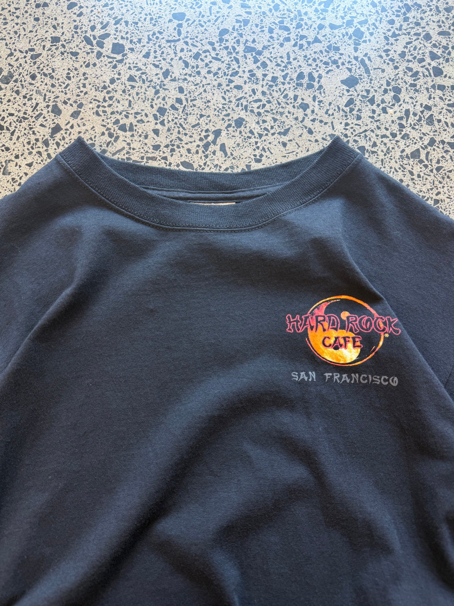 Vintage Y2K Hard Rock Café t-shirt with dragon flame back graphic, black, size M.