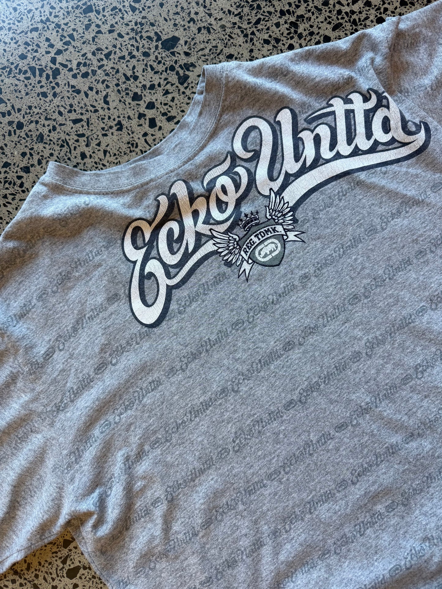 Grey Y2K Ecko Unltd graphic t-shirt with bold chest print, size M, laid flat on a polished concrete background