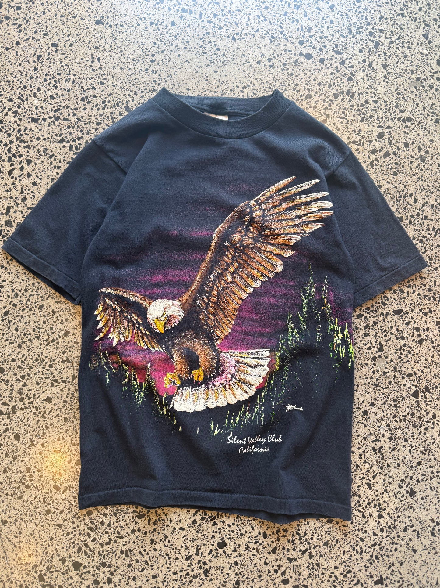 90s eagle graphic T-shirt, size S, laid on polished concrete background — vintage Americana eagle print on soft cotton.