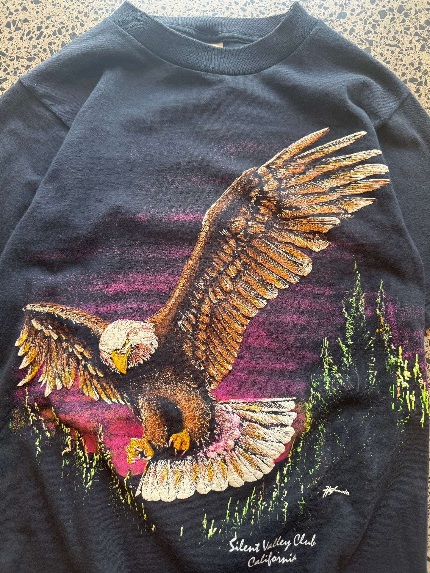 90s eagle graphic T-shirt, size S, laid on polished concrete background — vintage Americana eagle print on soft cotton.