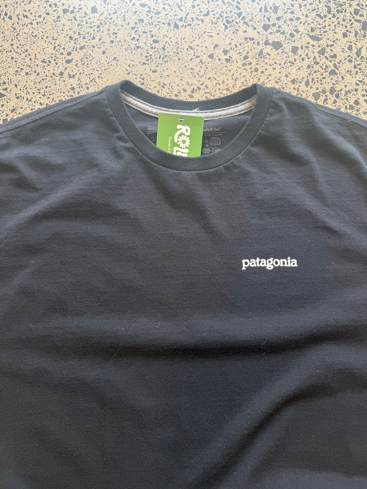 Patagonia mountain graphic T-shirt, size L, laid on polished concrete background — outdoor-inspired print on soft cotton.