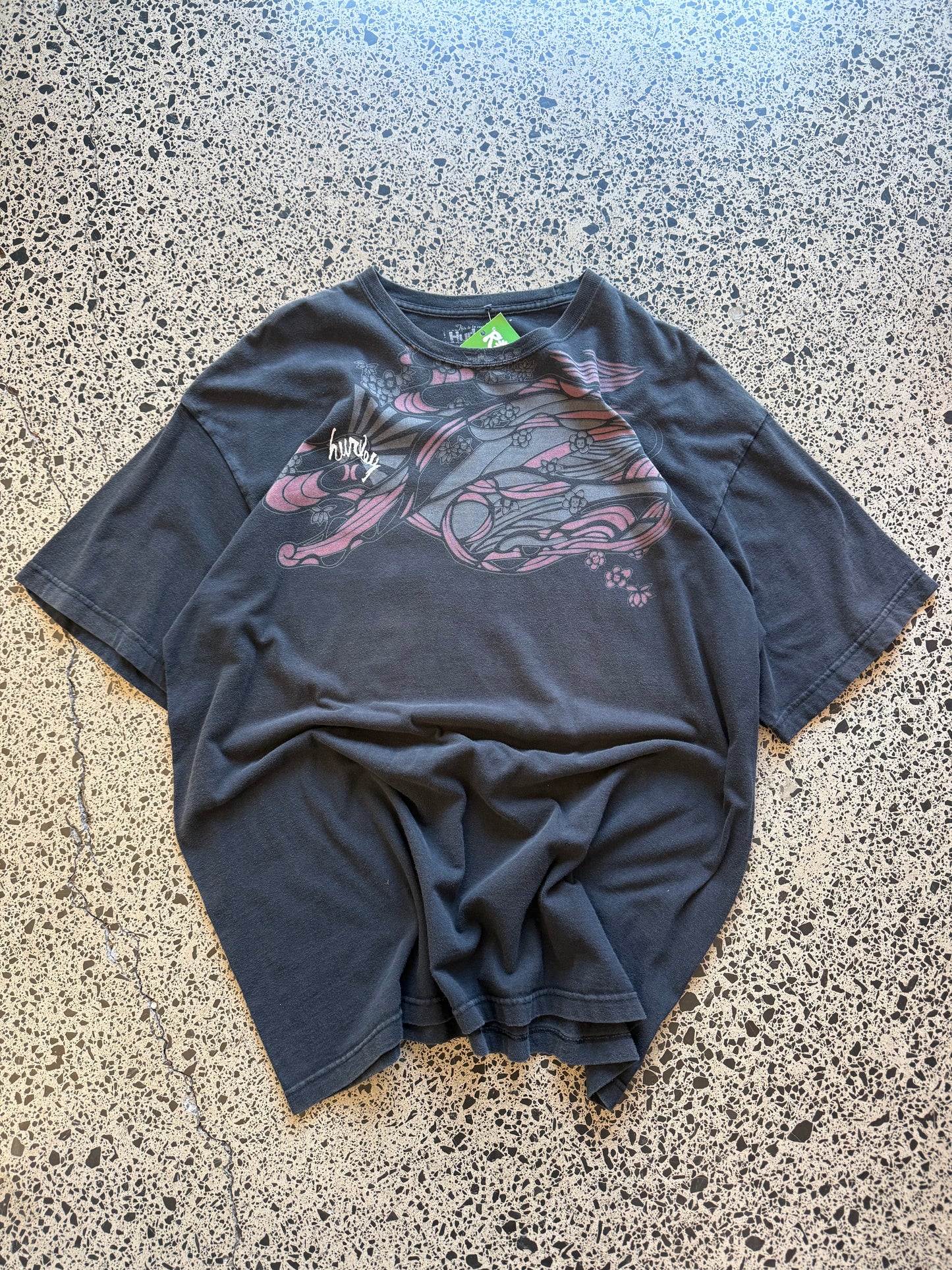 Front of Y2K black Hurley t-shirt with tonal embroidered logo, size 2XL