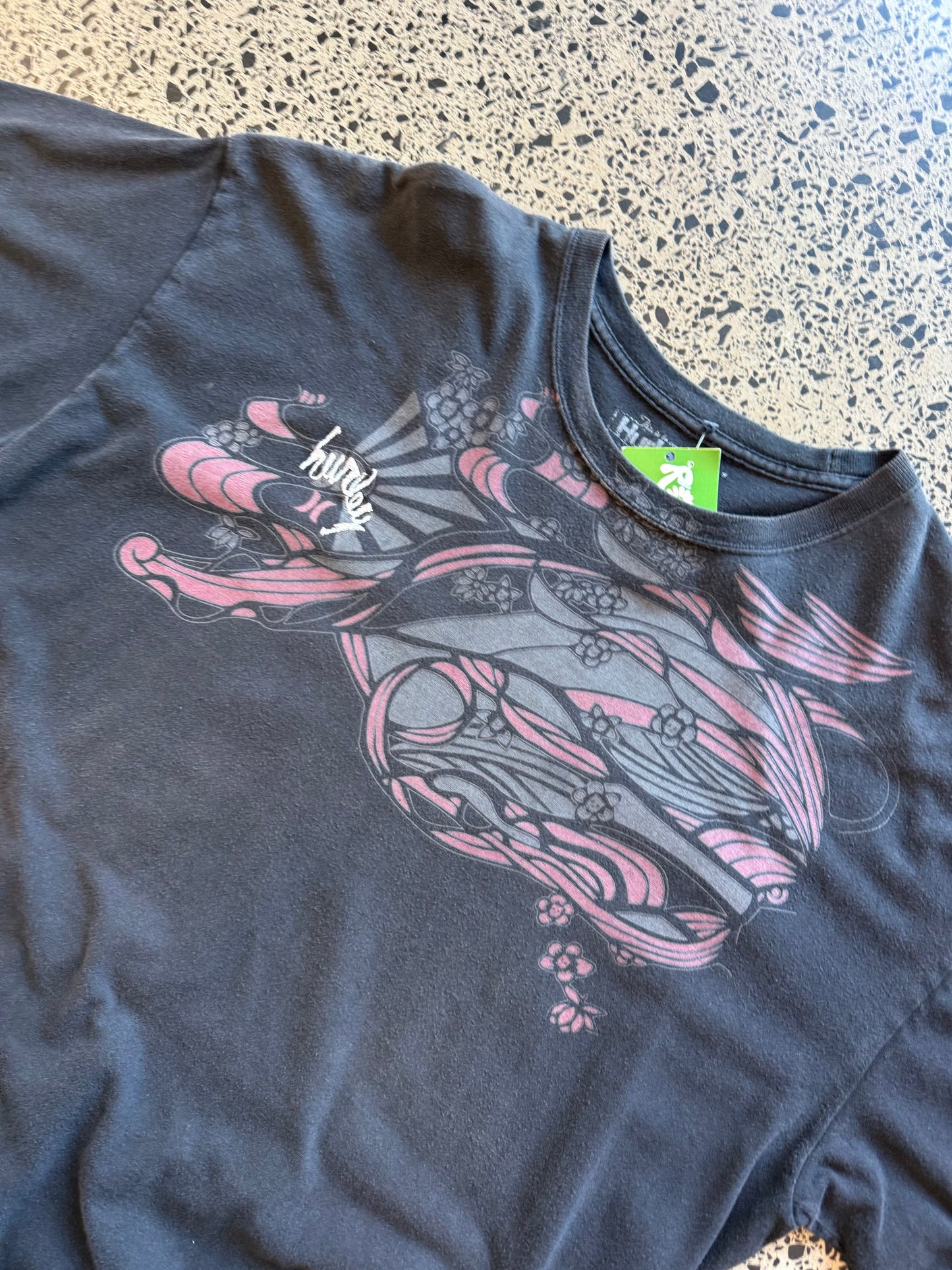Front of Y2K black Hurley t-shirt with tonal embroidered logo, size 2XL