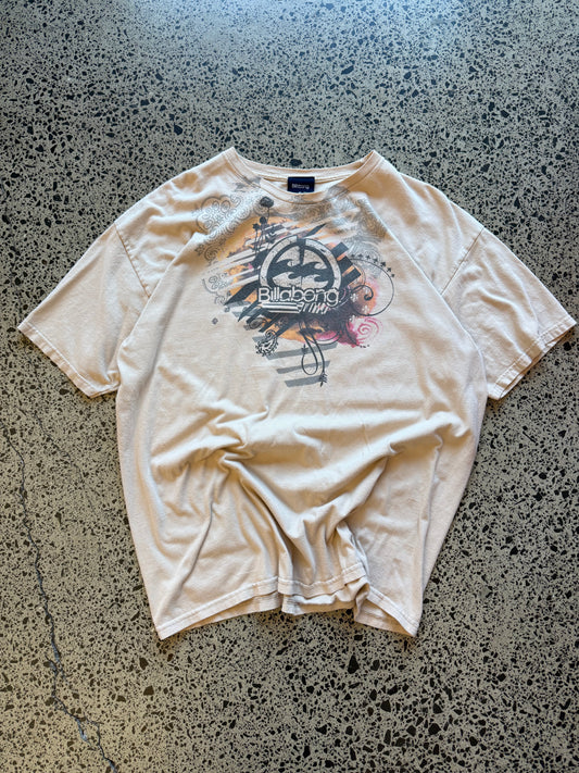 Y2K Billabong black t-shirt with bold surf-inspired front graphic. Size XL. Vintage surf streetwear.
