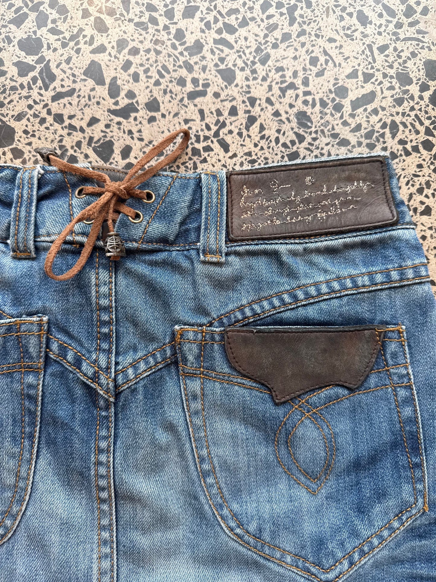 Denim Mini Skirt with Leather Detailing - S