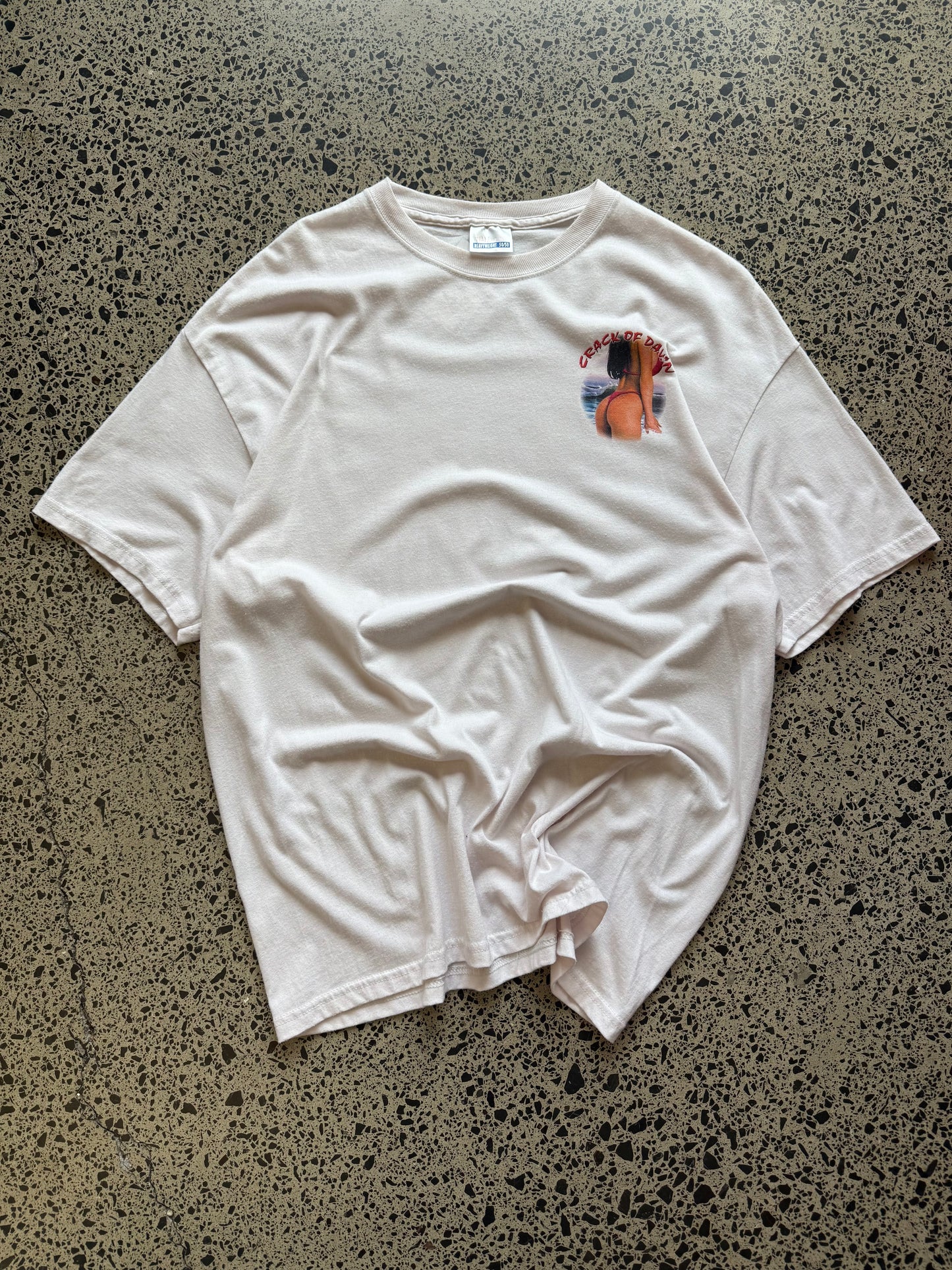 White 2004 Crack of Dawn graphic t-shirt with large front and back print, size XL, laid flat on white background