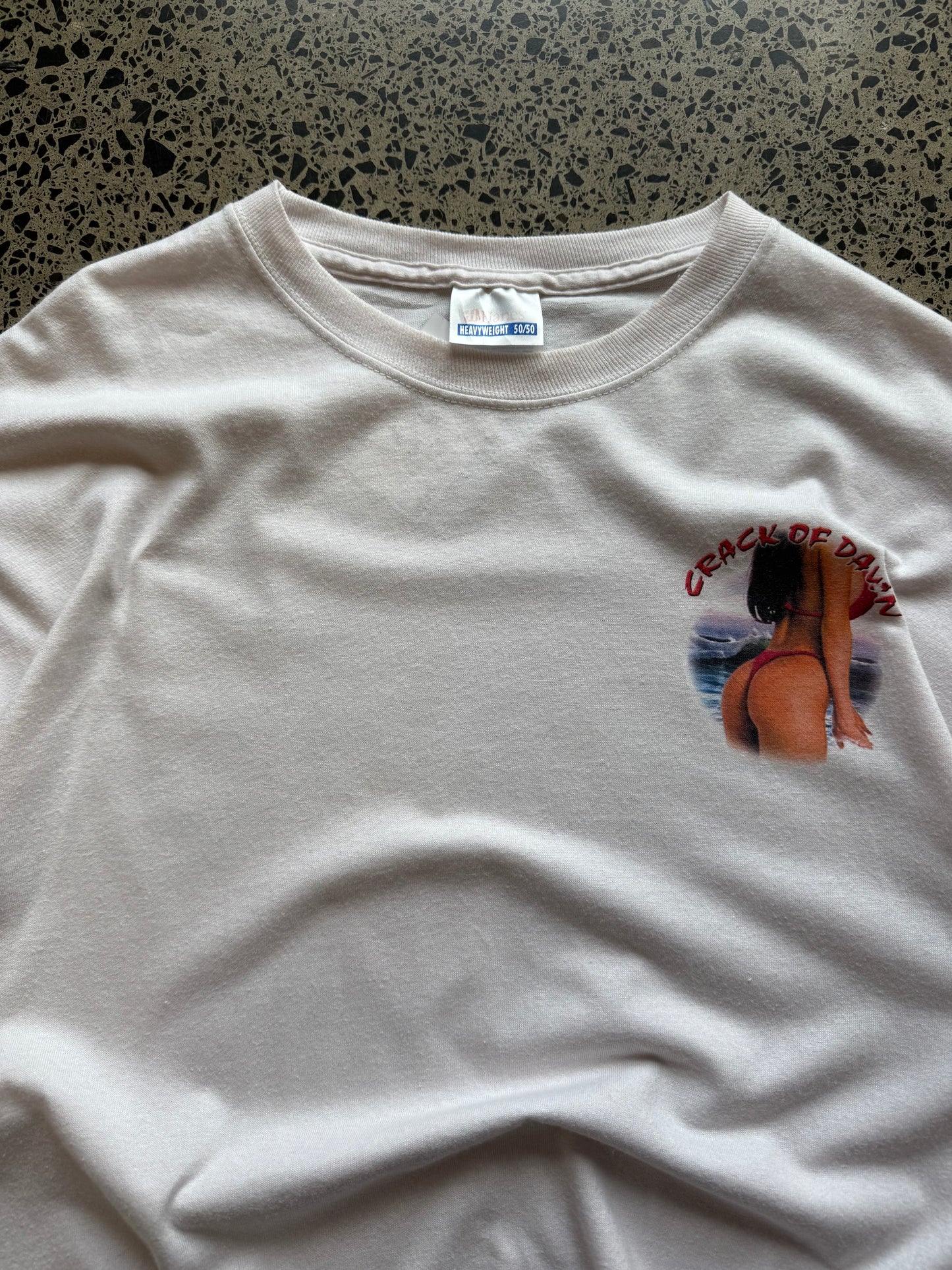 White 2004 Crack of Dawn graphic t-shirt with large front and back print, size XL, laid flat on white background