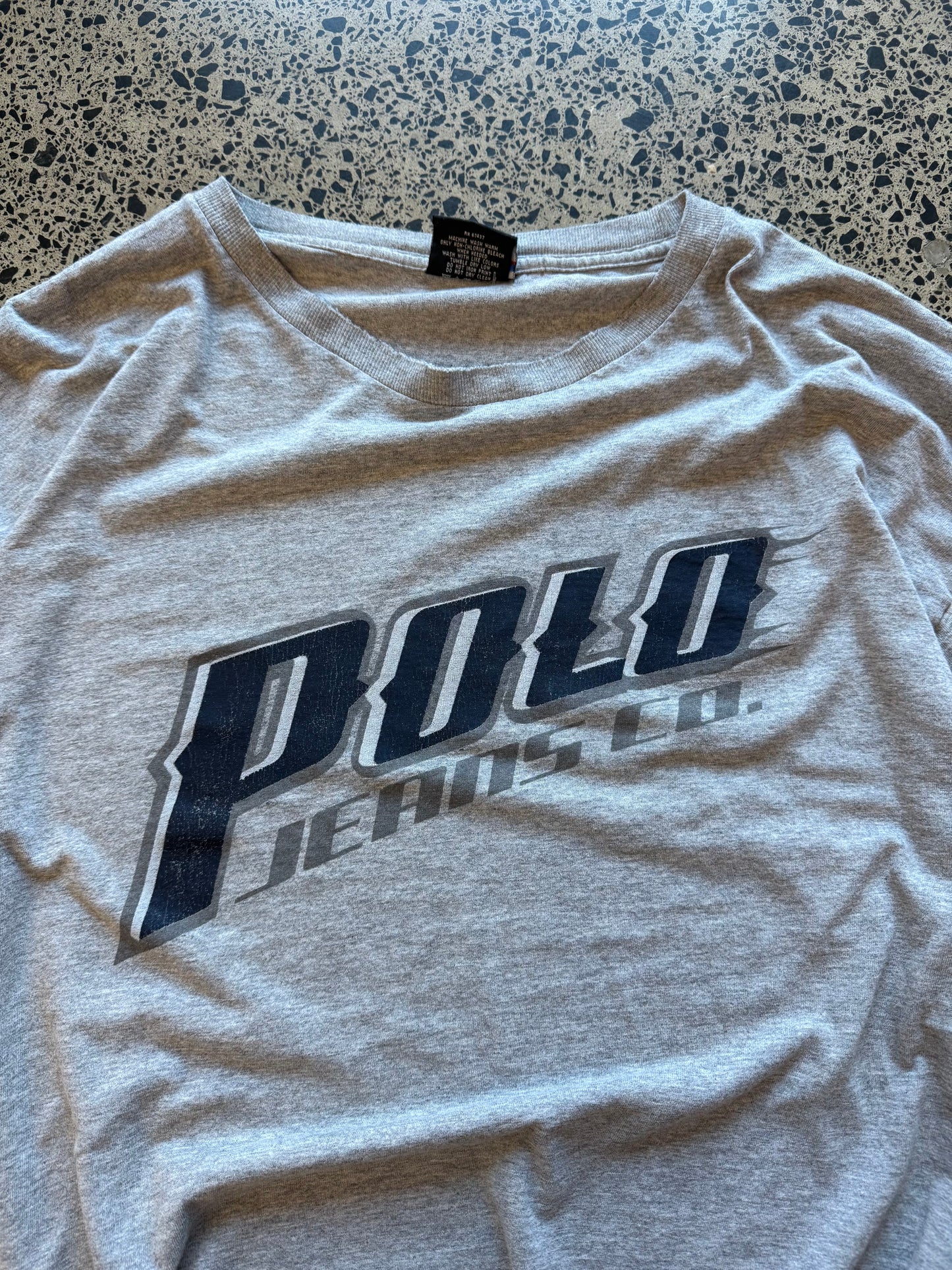 Vintage 90s Ralph Lauren Polo grey long sleeve t-shirt with logo and number graphics. Size 3XL. Oversized preppy streetwear