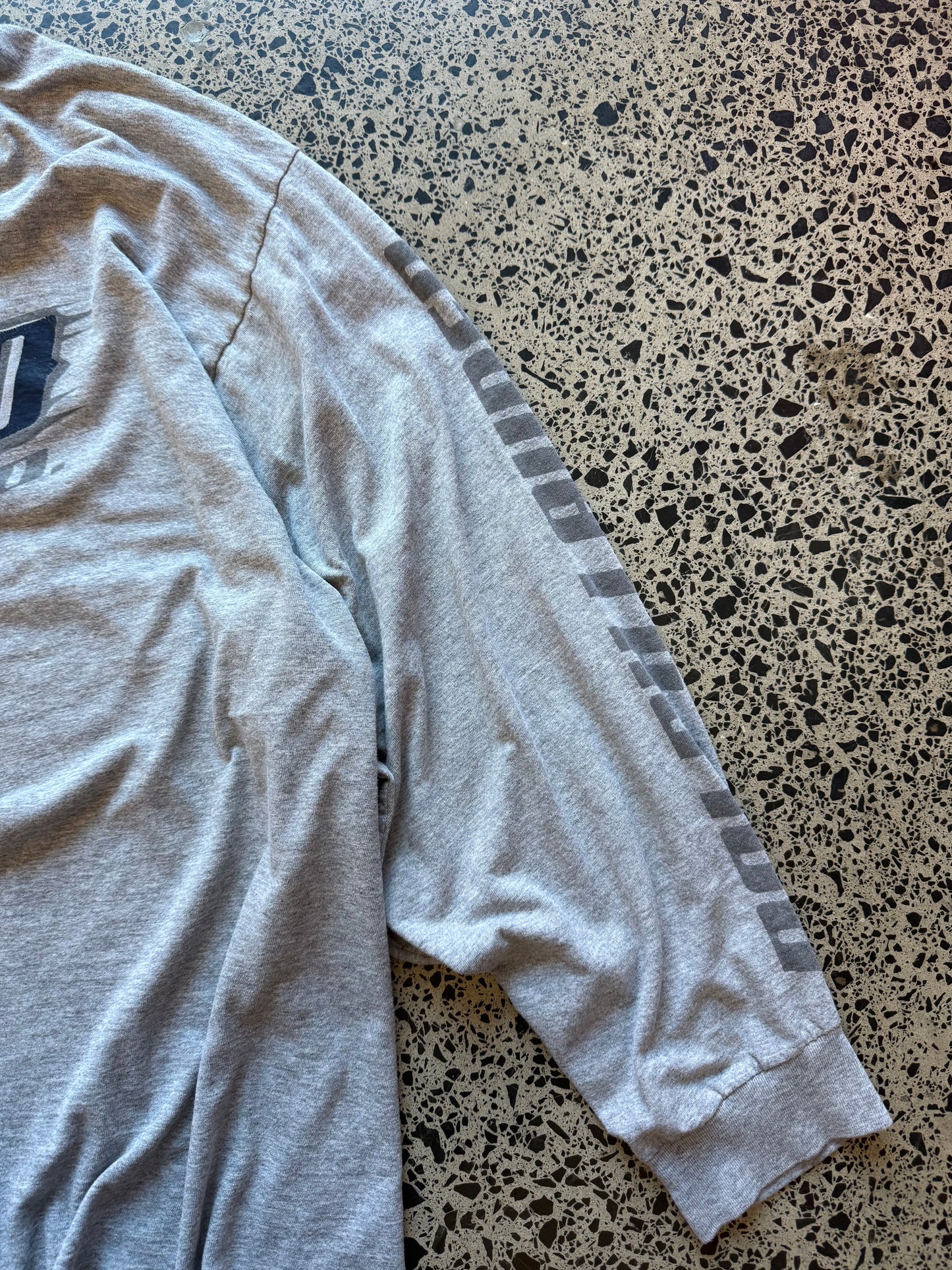 Vintage 90s Ralph Lauren Polo grey long sleeve t-shirt with logo and number graphics. Size 3XL. Oversized preppy streetwear