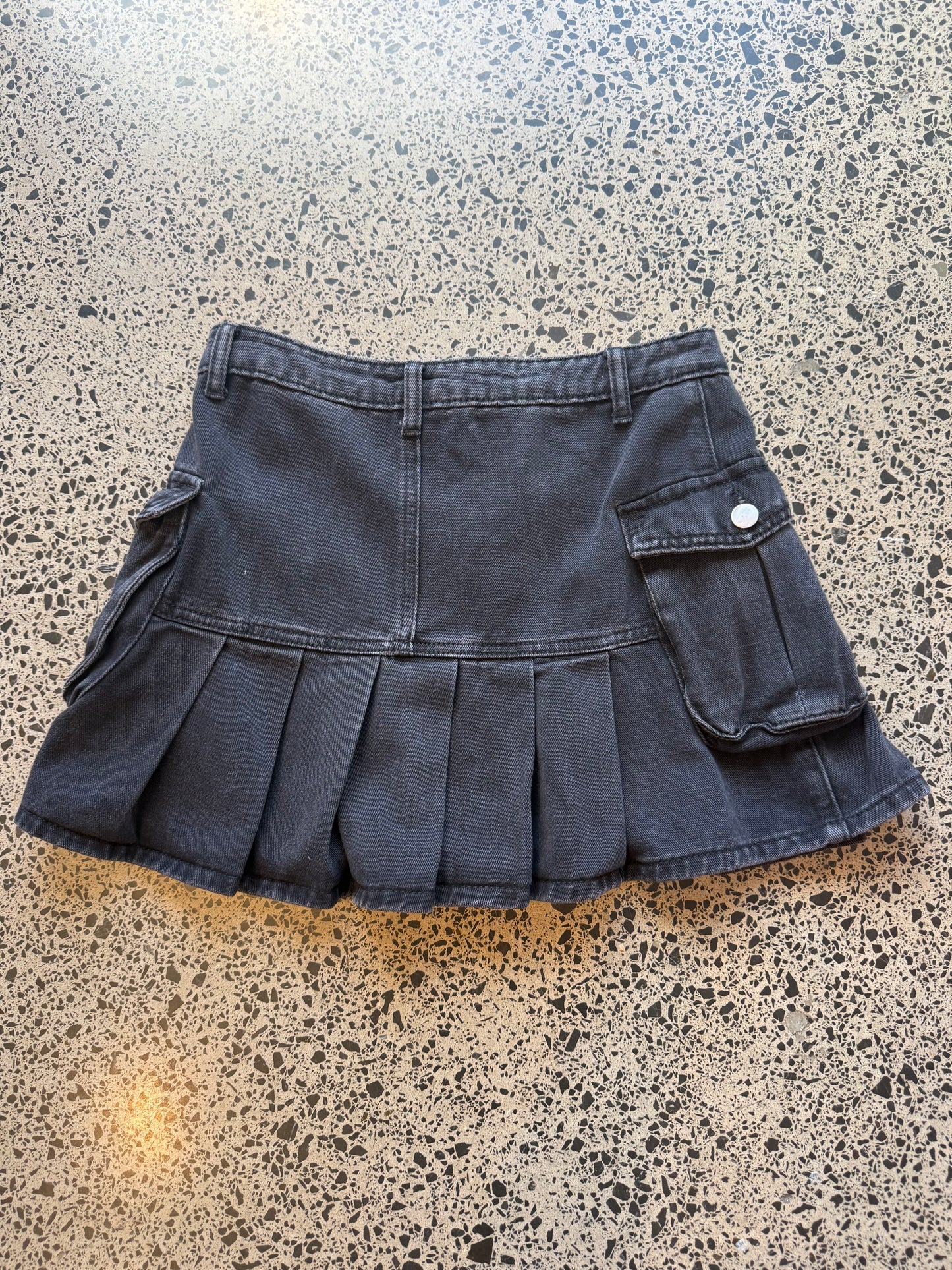 Pleated Black Denim Mini Skirt - S