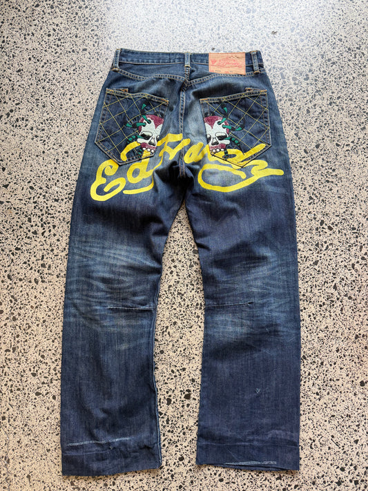 2009 Ed Hardy ‘Joey Spider’ embroidered denim jeans. Tattoo-style spiderweb and skull graphics. Size W30 L28