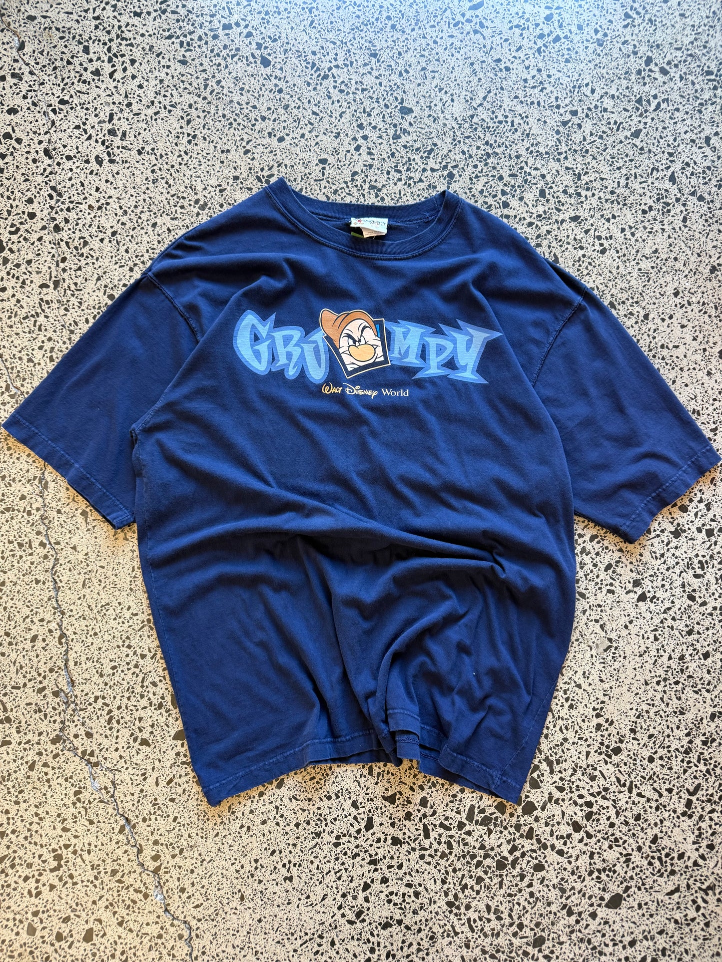 Vintage Y2K Disney Grumpy blue t-shirt with large front graphic and sarcastic slogan. Size L. Nostalgic Disney Parks tee
