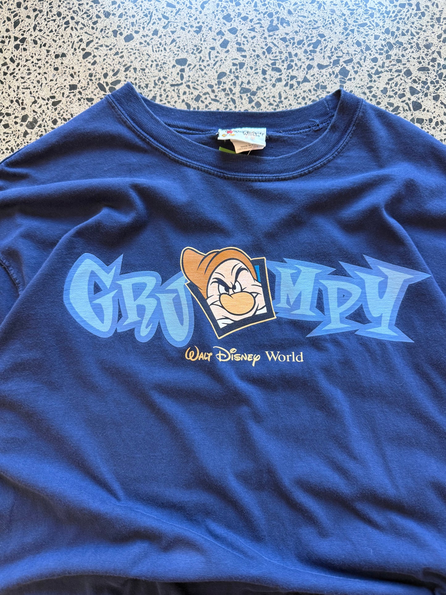 Vintage Y2K Disney Grumpy blue t-shirt with large front graphic and sarcastic slogan. Size L. Nostalgic Disney Parks tee