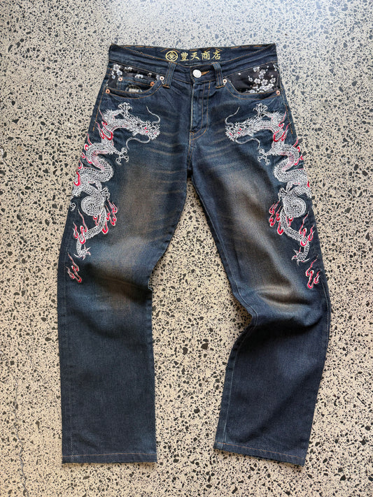 Japanese Karakuri embroidered denim jeans with gold and red dragon designs. Size W31 L28. Y2K vintage streetwear