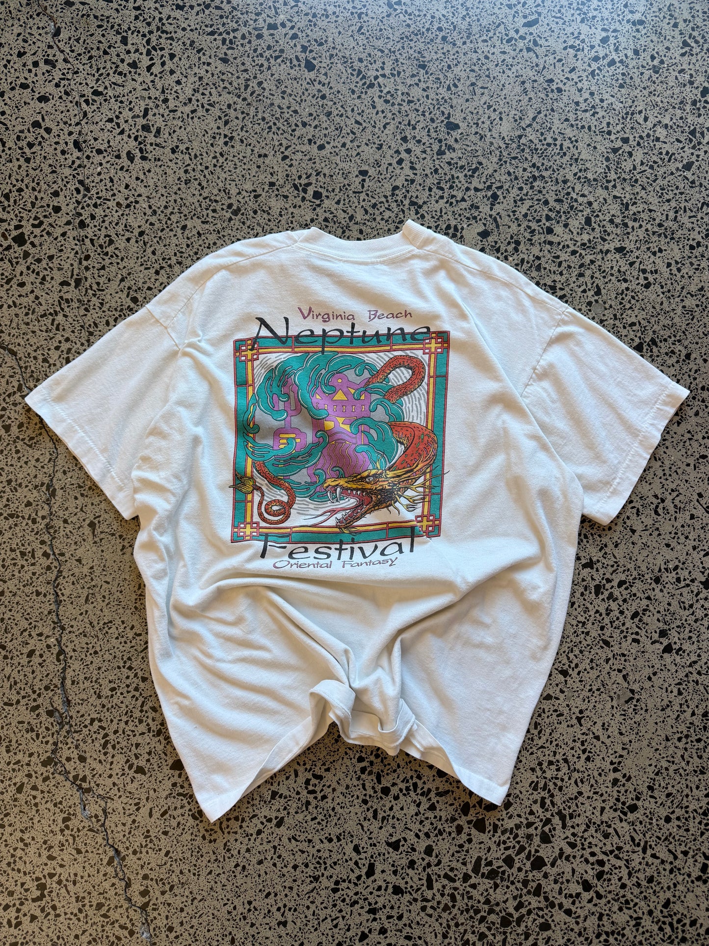 Vintage 1992 Neptune Festival white t-shirt with colourful King Neptune graphic. Size XL. Coastal single-stitch tee.