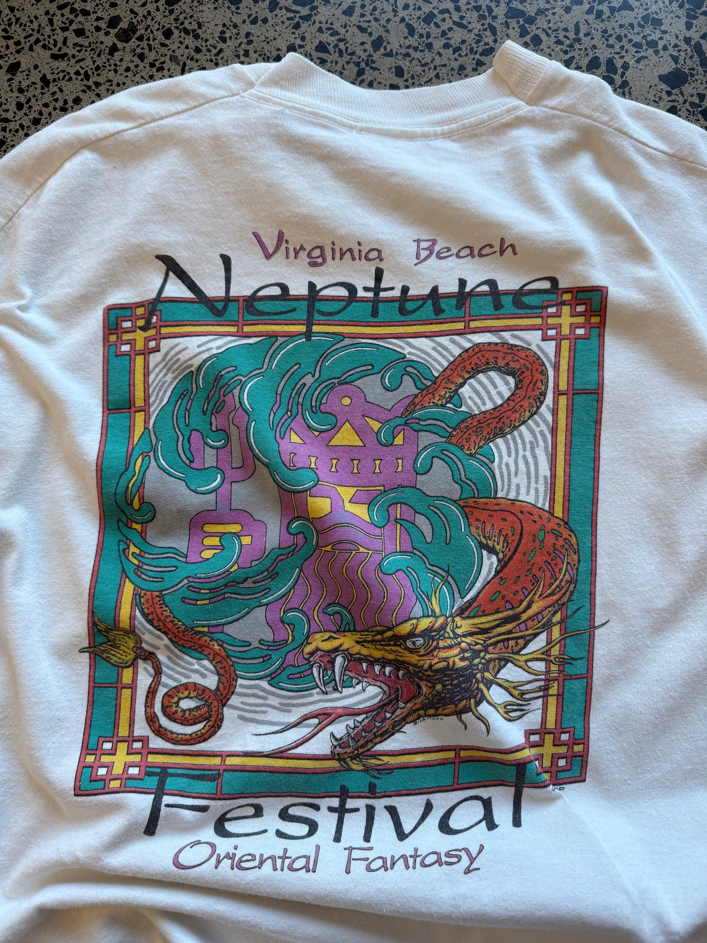 Vintage 1992 Neptune Festival white t-shirt with colourful King Neptune graphic. Size XL. Coastal single-stitch tee.