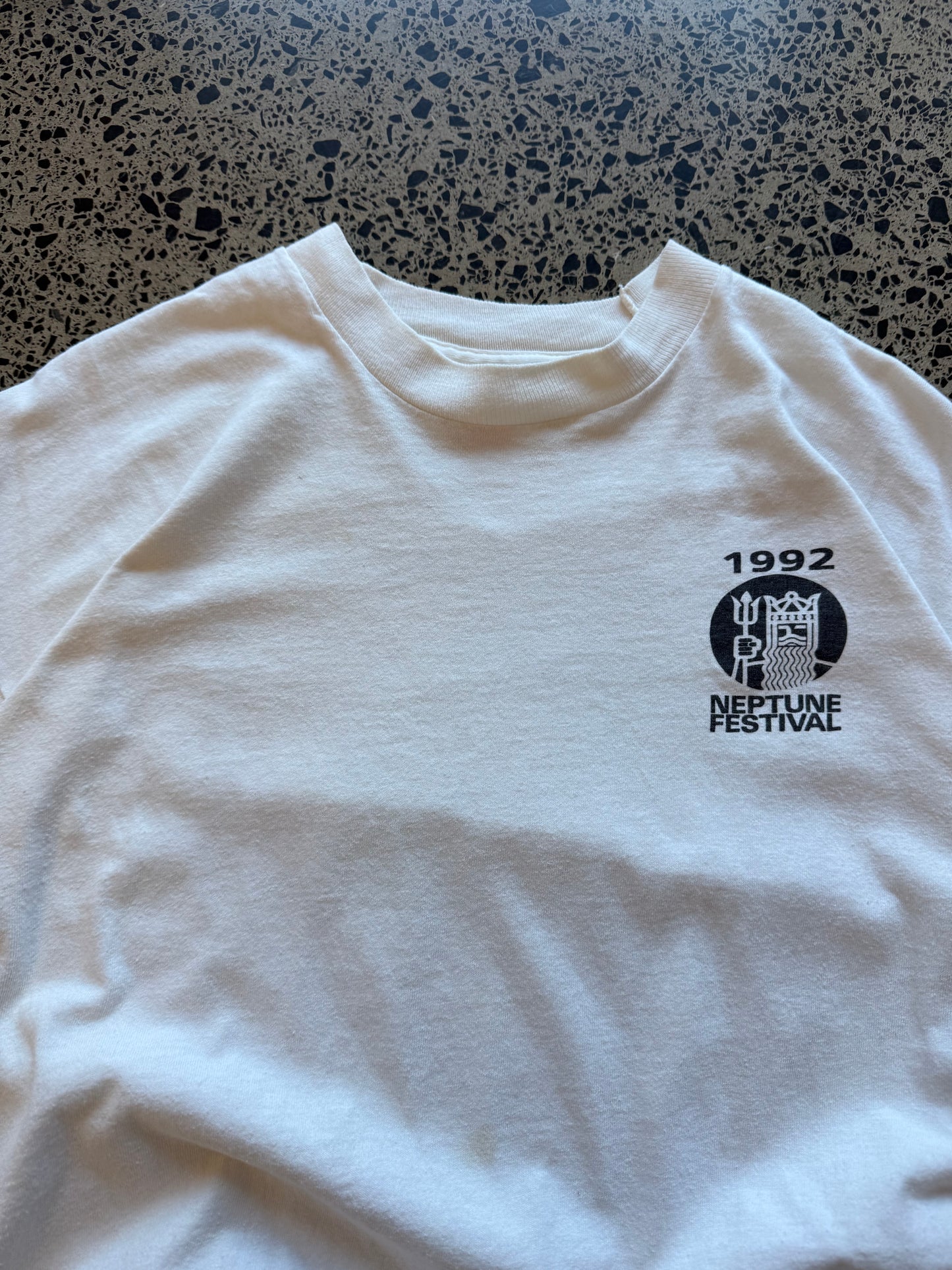 Vintage 1992 Neptune Festival white t-shirt with colourful King Neptune graphic. Size XL. Coastal single-stitch tee.