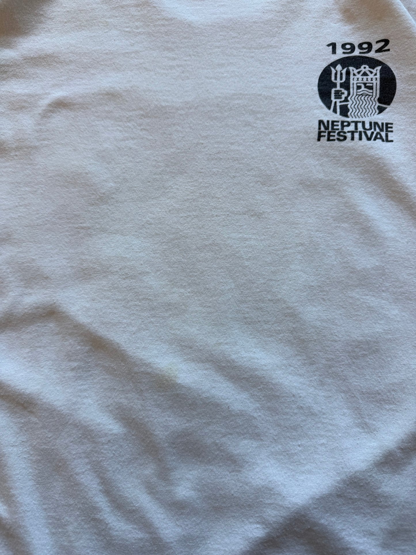 Vintage 1992 Neptune Festival white t-shirt with colourful King Neptune graphic. Size XL. Coastal single-stitch tee.