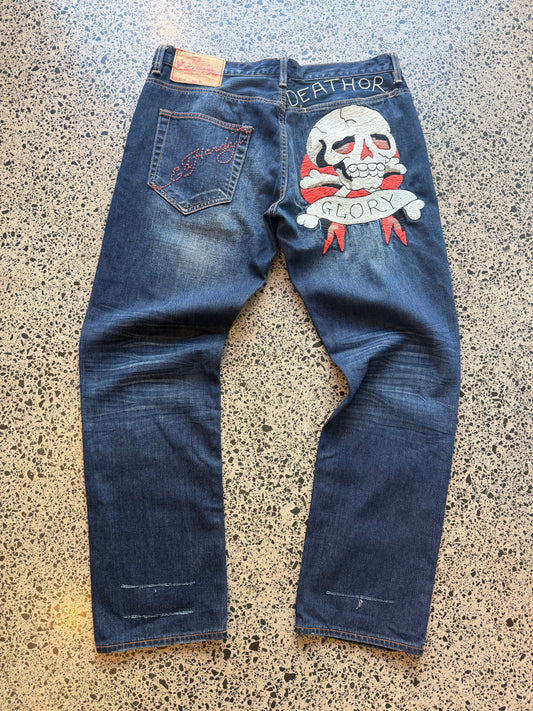 Ed Hardy "Death or Glory" Embroidered Denim Jeans - 36W x 30L
