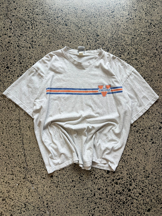 90s Virginia Cavaliers soccer T-shirt, size XL, laid on polished concrete background — navy with bold team graphics.