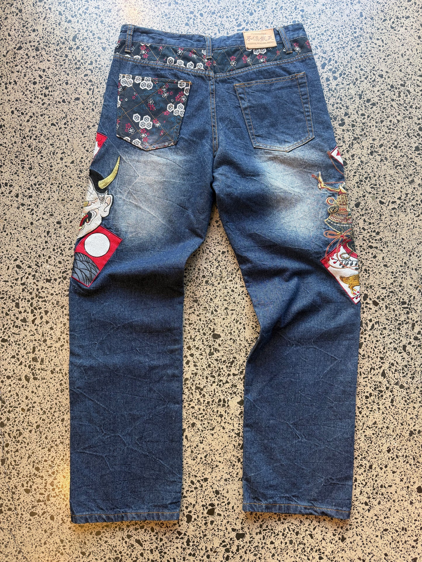 Fugutaiten Japanese Embroidered Denim Jeans - 32W x 34L