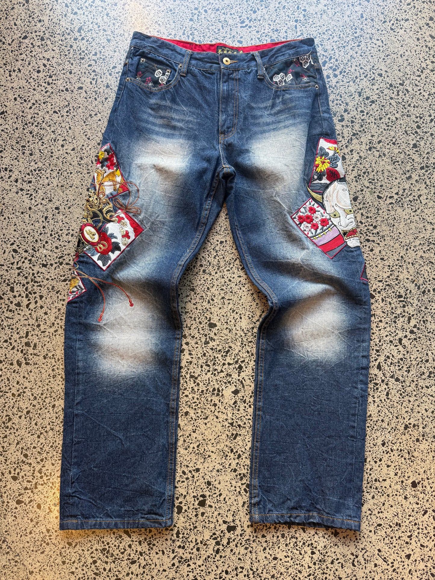 Fugutaiten Japanese Embroidered Denim Jeans - 32W x 34L