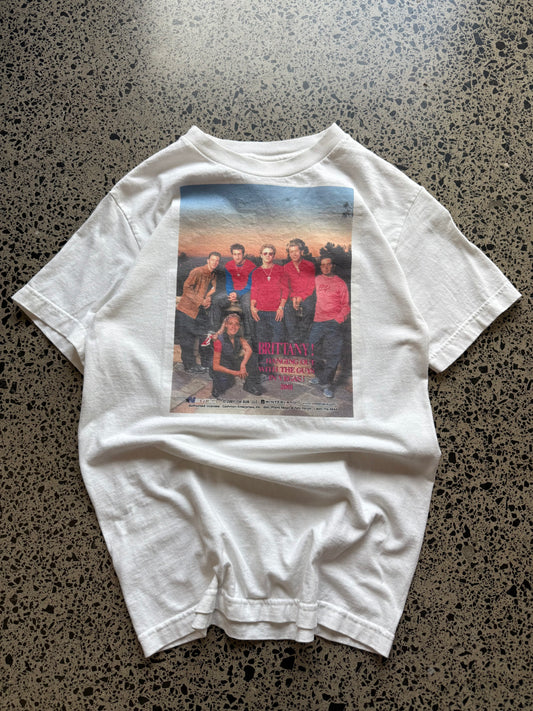2001 *NSYNC and Britney Spears graphic T-shirt, size S, laid on polished concrete background — vintage Y2K pop-culture band tee.