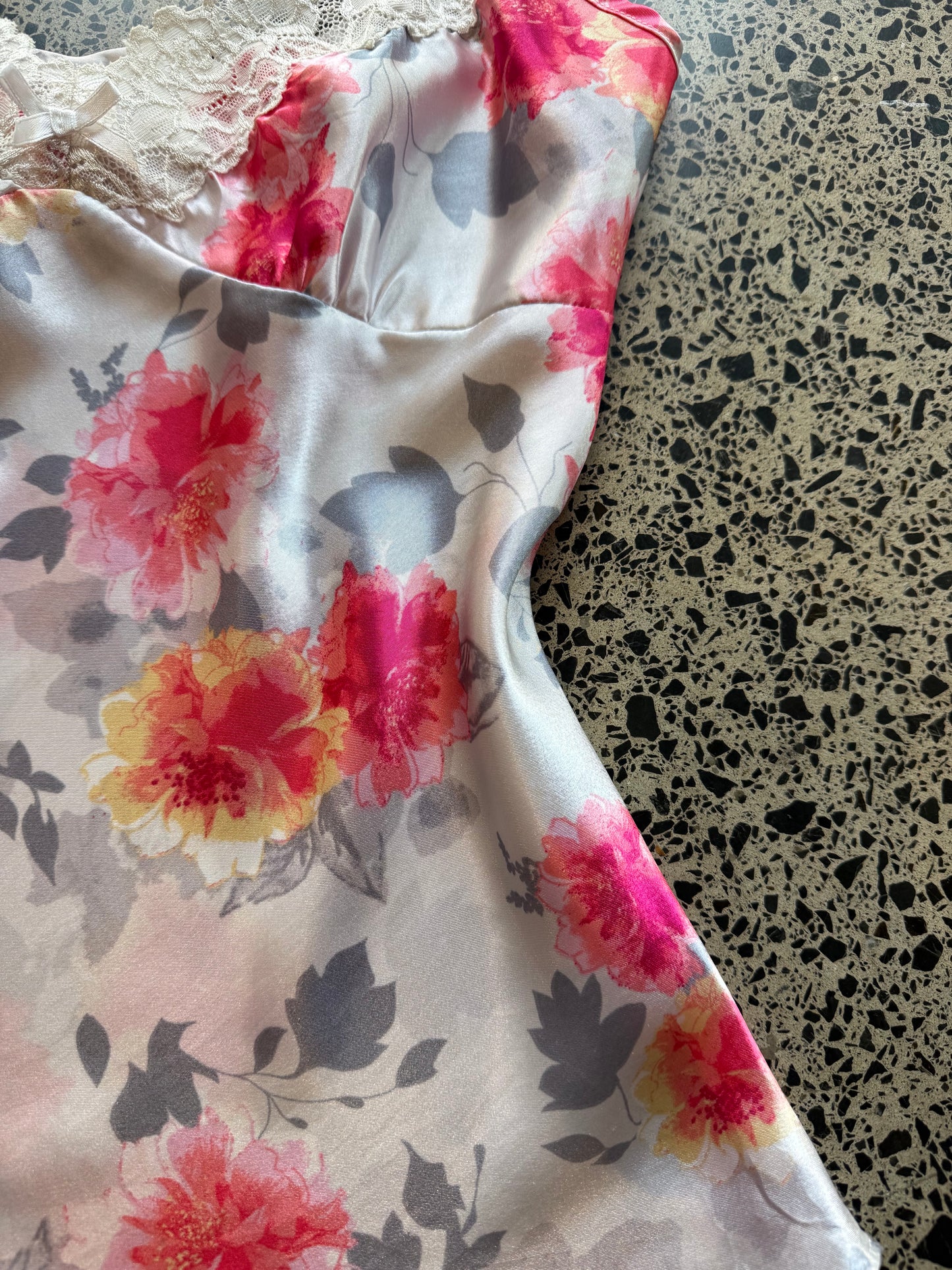 Floral Satin Cami with Lace Detailing - M