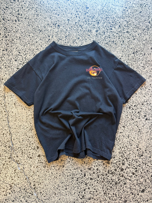 Vintage Y2K Hard Rock Café t-shirt with dragon flame back graphic, black, size M.
