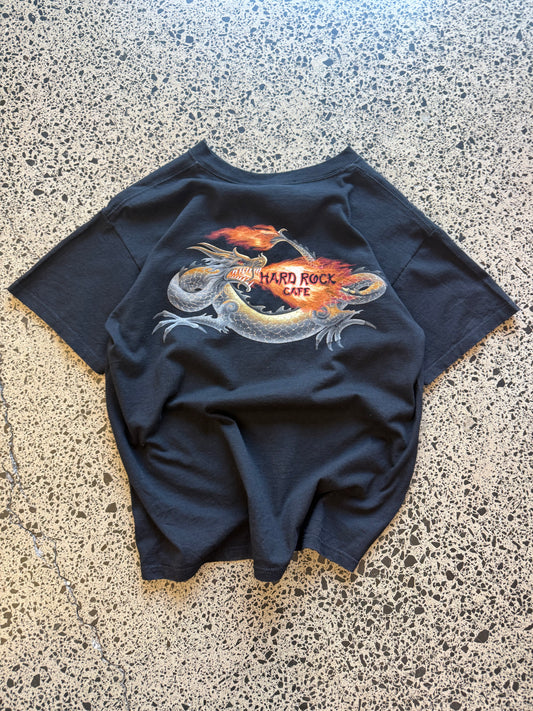 Vintage Y2K Hard Rock Café t-shirt with dragon flame back graphic, black, size M.