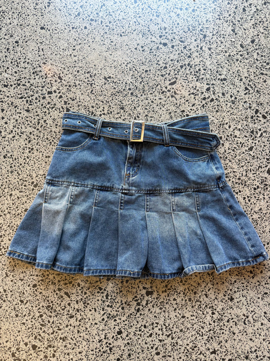 Pleated Denim Mini Skirt with Belt - S