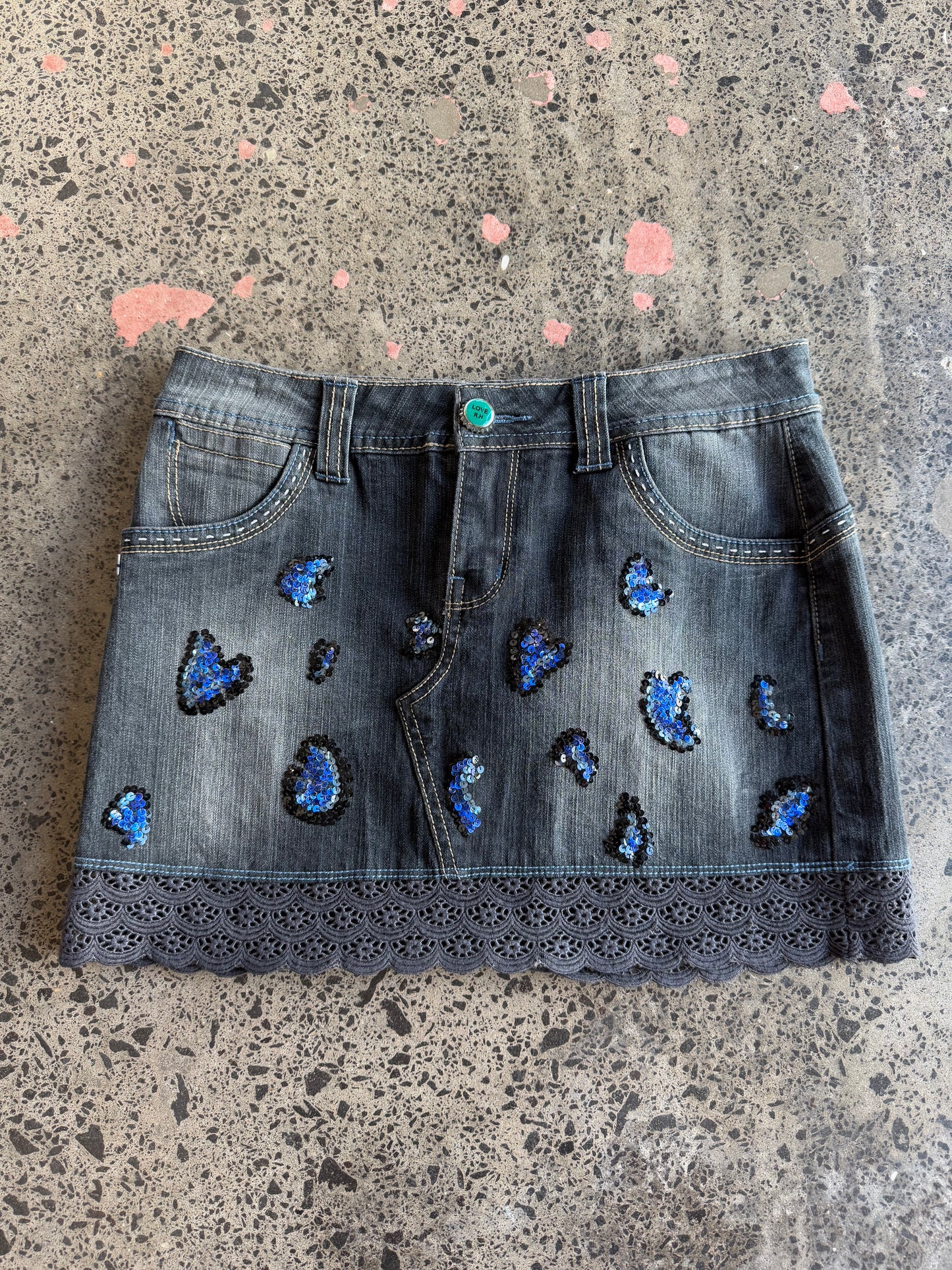 Black Denim Mini Skirt with Hearts - Small