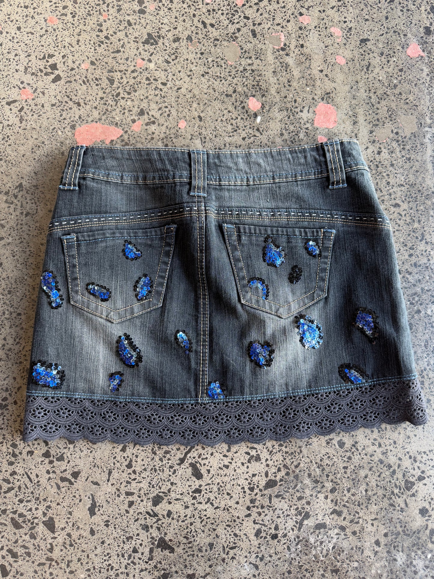 Black Denim Mini Skirt with Hearts - Small