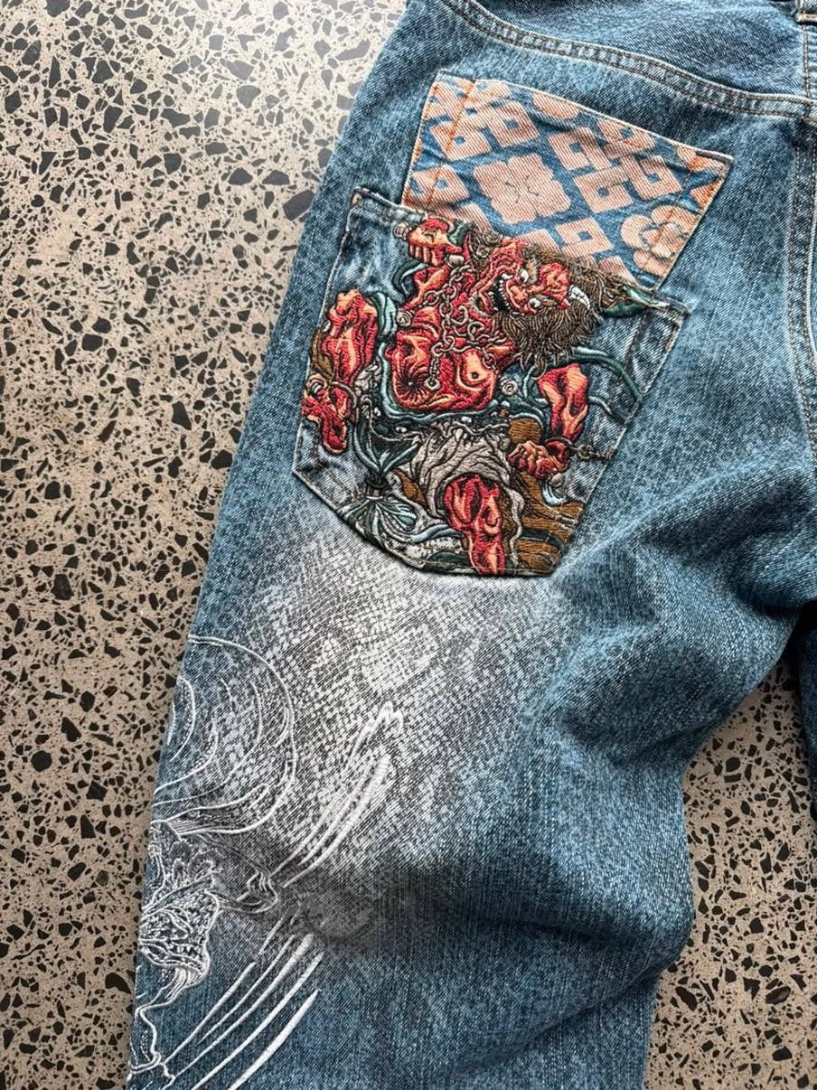 GRAIL Japanese Karakuri Tamashii Demon Warrior Embroidered Denim Jeans - 30W