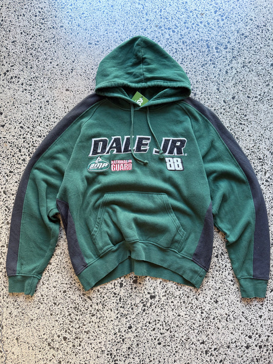 2008 NASCAR Dale Jr number 88 two-tone hoodie XL laid flat on polished concrete background, vintage racing hoodie with bold graphics and colour block design.