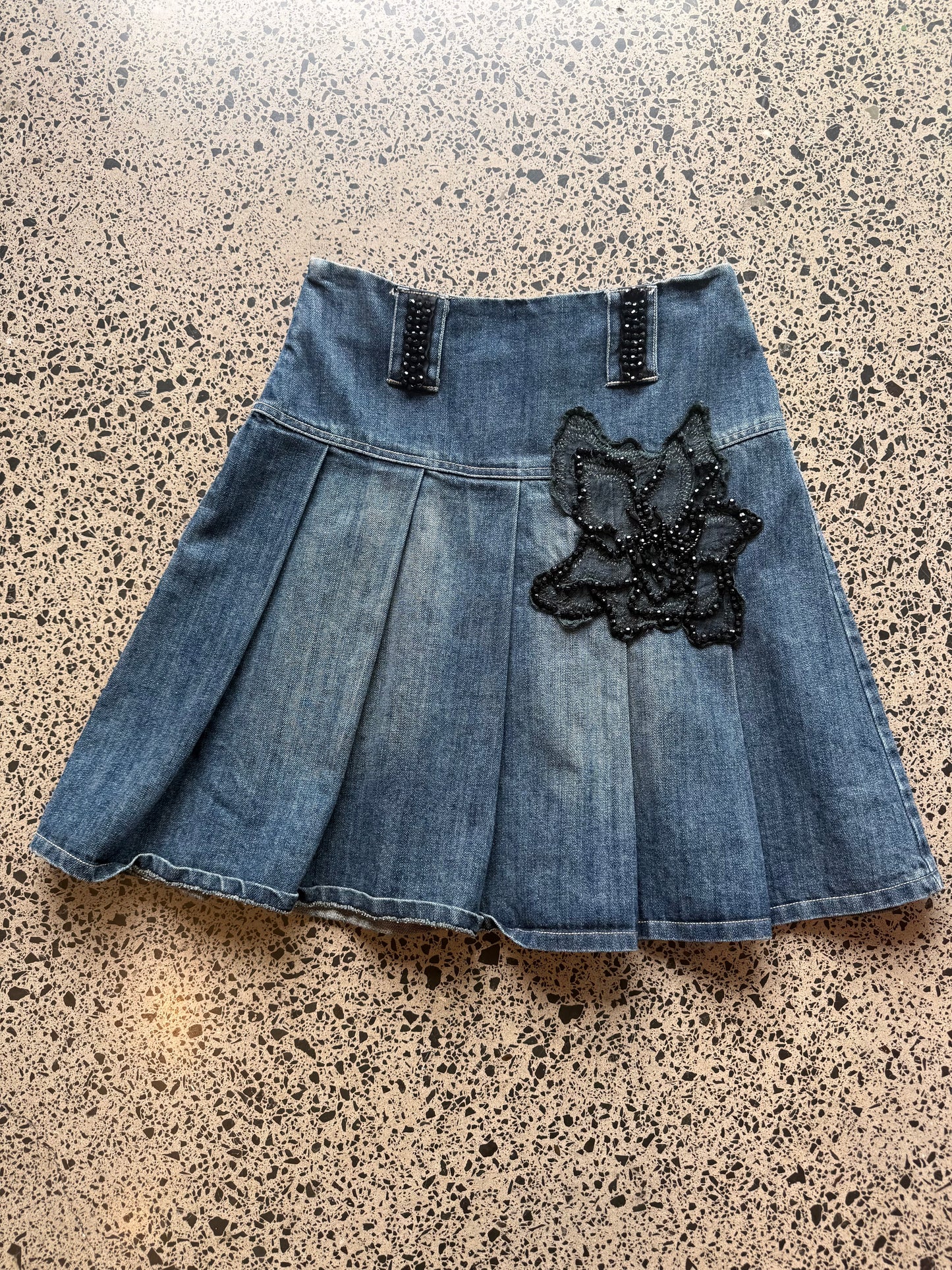 Denim Pleated Midi Skirt with Embroidery - S