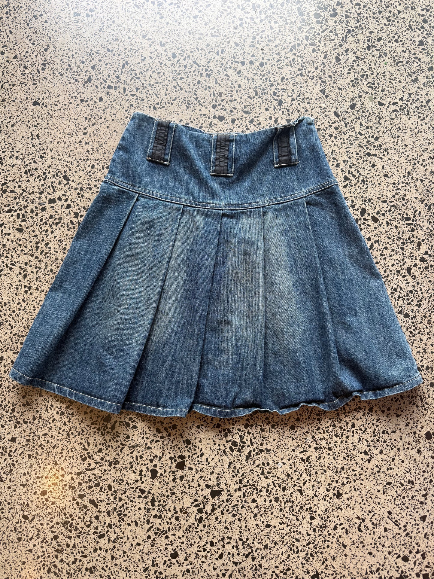 Denim Pleated Midi Skirt with Embroidery - S