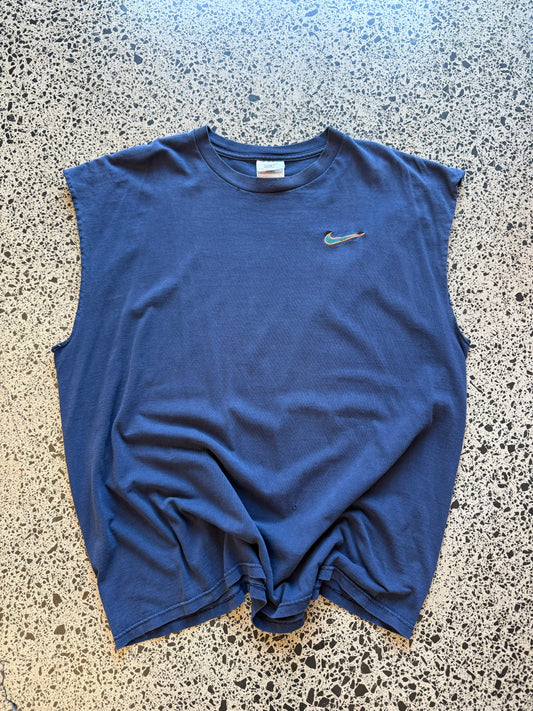 Vintage 90s Nike navy singlet with embroidered white swoosh logo. Size XL. Athletic streetwear.