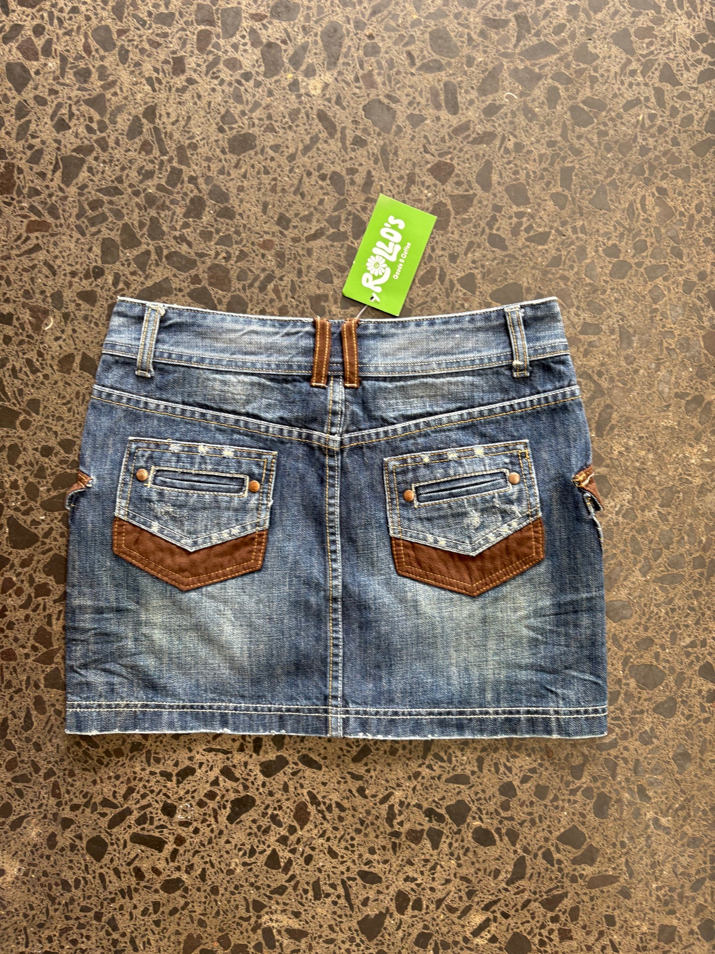 Denim Mini Skirt with Brown Accents - M