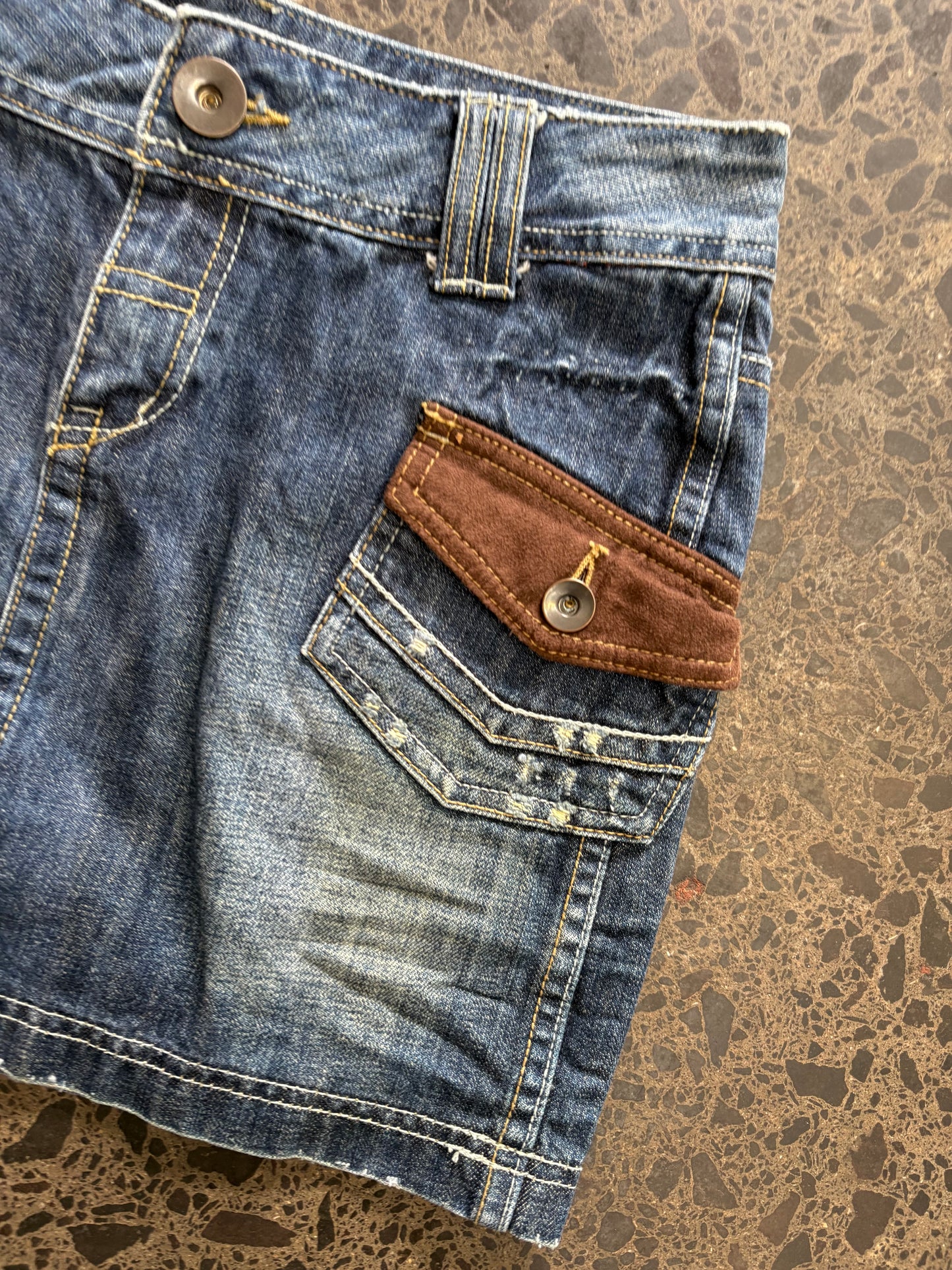 Denim Mini Skirt with Brown Accents - M