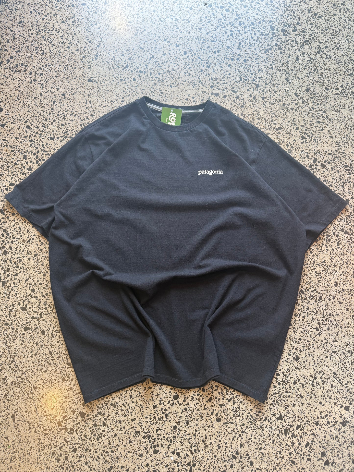 Patagonia mountain graphic T-shirt, size L, laid on polished concrete background — outdoor-inspired print on soft cotton.