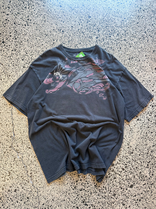 Front of Y2K black Hurley t-shirt with tonal embroidered logo, size 2XL