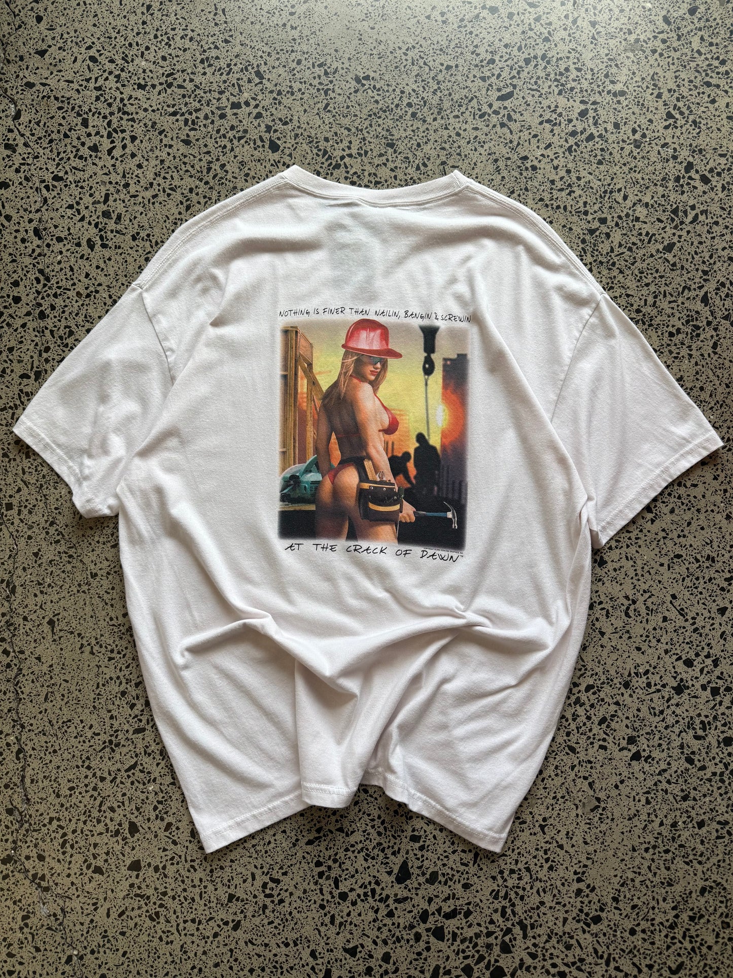 White 2004 Crack of Dawn graphic t-shirt with large front and back print, size XL, laid flat on white background