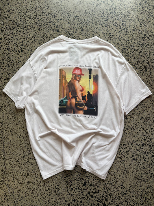 White 2004 Crack of Dawn graphic t-shirt with large front and back print, size XL, laid flat on white background