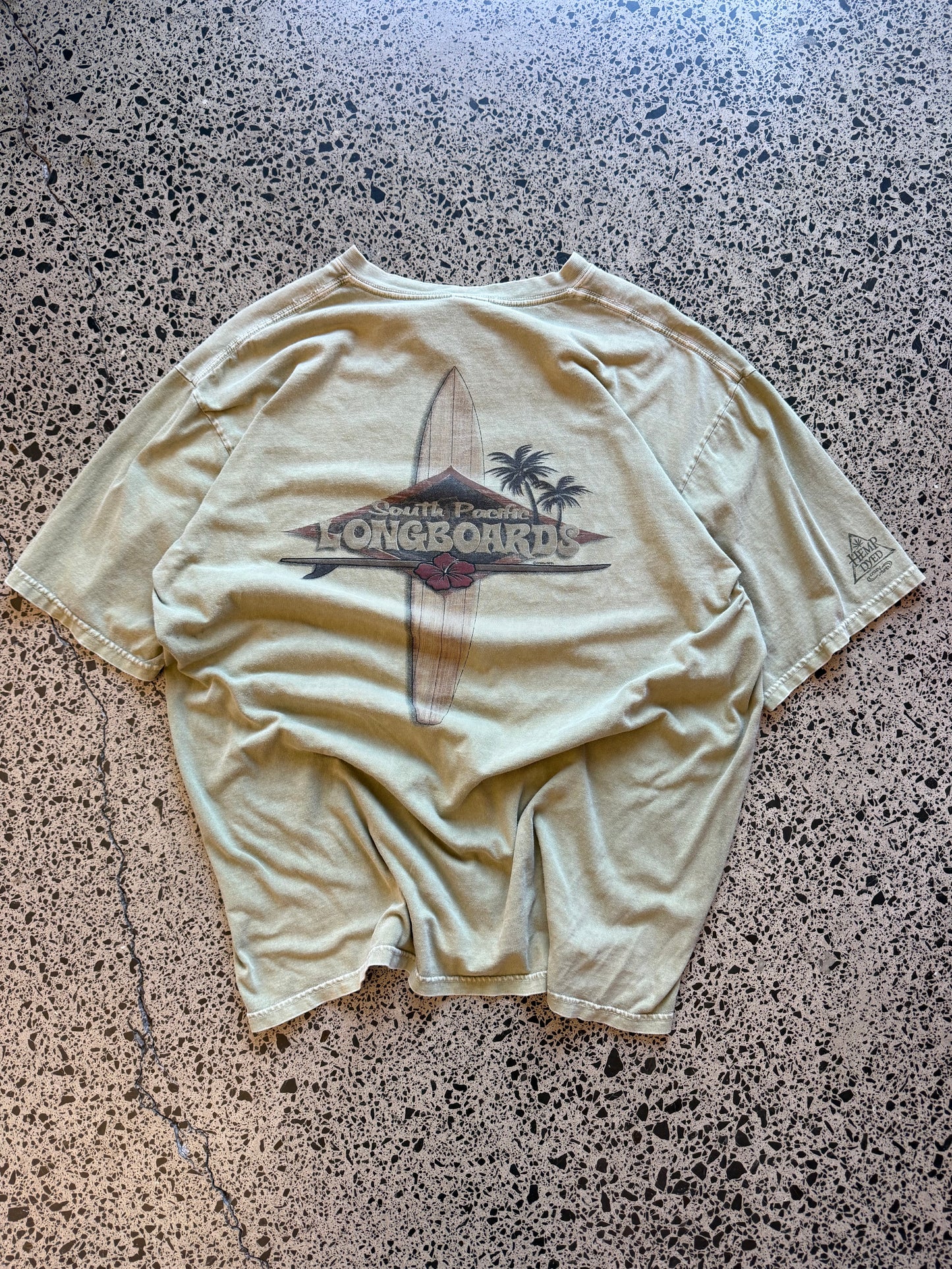 Y2K South Pacific Longboards navy t-shirt with tropical surf graphics front and back. Size XL. Vintage surf shop tee