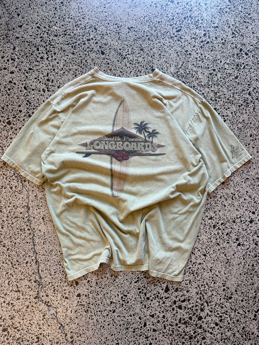 Y2K South Pacific Longboards navy t-shirt with tropical surf graphics front and back. Size XL. Vintage surf shop tee