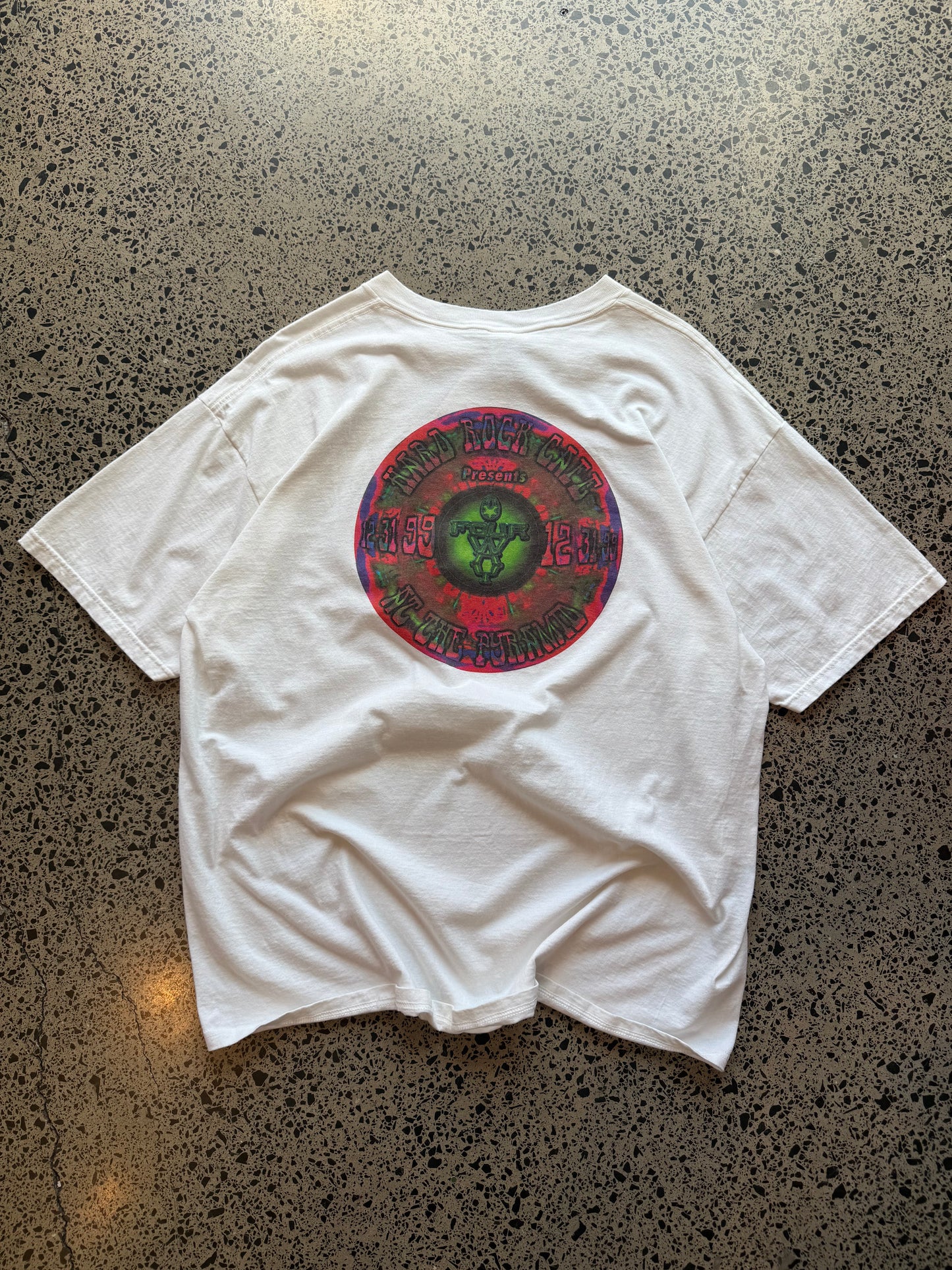 90s Myrtle Beach Hard Rock T-shirt, size XL, laid on polished concrete background vintage Hard Rock logo on soft 90s cotton.