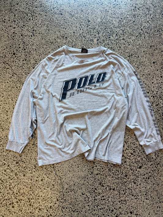 Vintage 90s Ralph Lauren Polo grey long sleeve t-shirt with logo and number graphics. Size 3XL. Oversized preppy streetwear