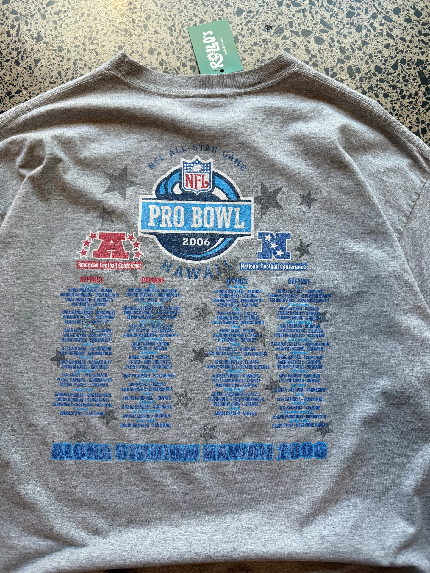 2006 Pro Bowl NFL T-shirt, size XL, laid on polished concrete background — bold mid-2000s football graphic on soft cotton.