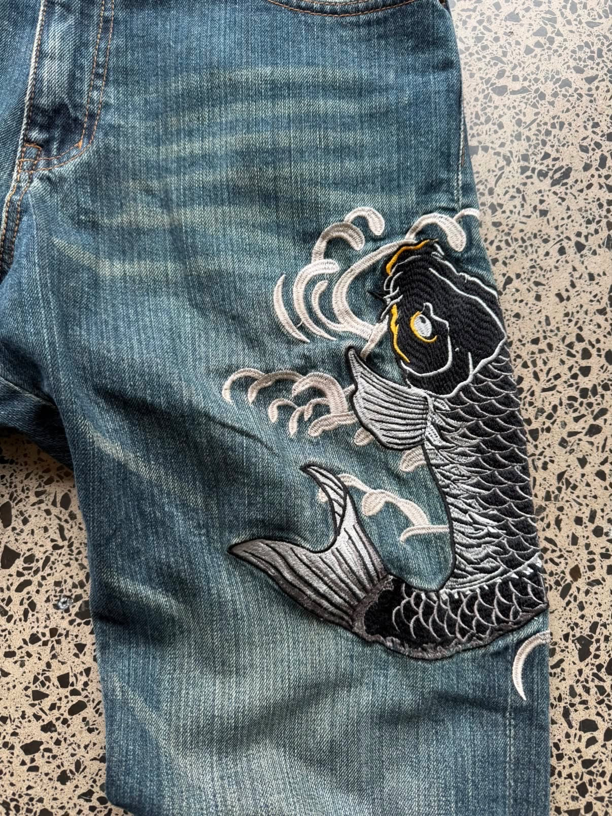 Japanese Embroidered Koi Fish Denim Jeans - 32W